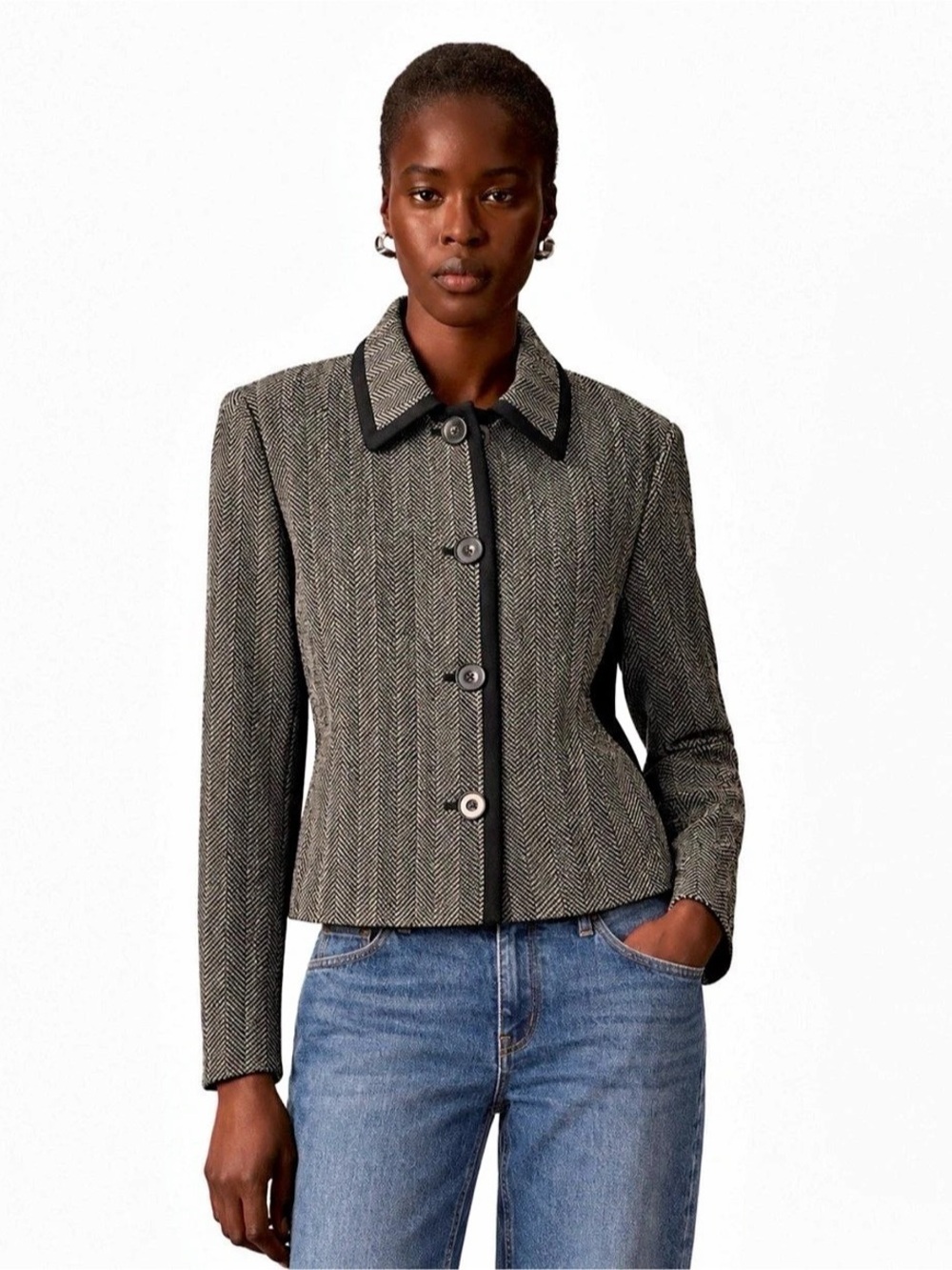 Calvin Klein Herringbone Button Front Blazer in Black & White Size 4P NWT